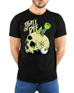 Daring Skate Or Die Skull Green Wheels Graphic Retro Tshirt - model wearing black tee with hands behind back