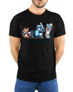 Mismatched Rabbit Hero Quest Wrong Party Graphic Tshirt - model wearing black tee with hands behind back