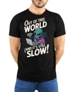 Sarcastic Alien Internet Connection Slow Graphic Tshirt - model wearing black tee with hands behind back
