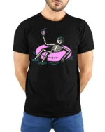 Chilled Summer Skeleton Floating Pink Tube Graphic Tshirt - model wearing black tee with hands behind back