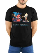 Brave Red Panda Wizard I Cast Fireball Graphic Tshirt - model wearing black tee with hands behind back