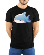Adorable Grumpy Shark Chibi Blue Aquatic Graphic Tshirt - model wearing black tee with hands behind back