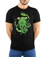Sophisticated Sea Monster Kraken Trident Graphic Tshirt - model wearing black tee with hands behind back
