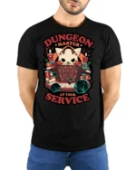 Cute Cat Dungeon Master RPG Dice Tabletop Graphic Tshirt - model wearing black tee with hands behind back