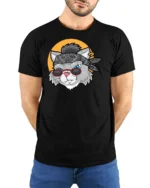 Rockstar Rebel Cat Bandana Sunglasses Retro Graphic Tshirt - model wearing black tee with hands behind back