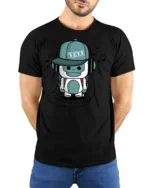 Groovy Music Yeti Headphones Blue Monster Graphic Tshirt - model wearing black tee with hands behind back