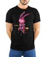 Gutsy Patchwork Rabbit Warrior Graphic Cotton Tshirt - model wearing black tee with hands behind back
