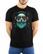Funky Retro Panda DJ Headphones Music Beat Graphic Tshirt - model wearing black tee with hands behind back