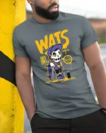 Radical Skater Skeleton WATS Graffiti Street Style Tshirt - model wearing grey tee, leaning on column