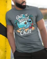 Tropical Blue Alien Out Of This World Chill Beach Tshirt - model wearing grey tee, leaning on column