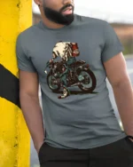 Catchy Skeleton Biker Ride Die Retro Graphic Tshirt - model wearing grey tee, leaning on column
