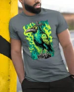 Sinister Raven Green Flame Cross Gothic Graphic Tshirt - model wearing grey tee, leaning on column