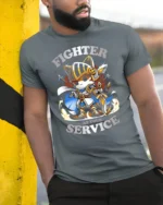 Brave Knight Kitten Fighter At Your Service Graphic Tshirt - model wearing grey tee, leaning on column