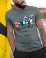 Mismatched Rabbit Hero Quest Wrong Party Graphic Tshirt - model wearing grey tee, leaning on column