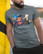 Brave Red Panda Wizard I Cast Fireball Graphic Tshirt - model wearing grey tee, leaning on column