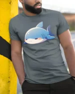 Adorable Grumpy Shark Chibi Blue Aquatic Graphic Tshirt - model wearing grey tee, leaning on column