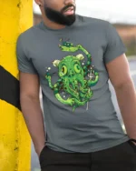 Sophisticated Sea Monster Kraken Trident Graphic Tshirt - model wearing grey tee, leaning on column