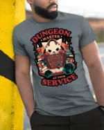 Cute Cat Dungeon Master RPG Dice Tabletop Graphic Tshirt - model wearing grey tee, leaning on column