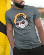 Rockstar Rebel Cat Bandana Sunglasses Retro Graphic Tshirt - model wearing grey tee, leaning on column