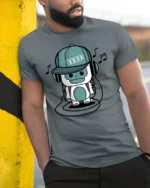 Groovy Music Yeti Headphones Blue Monster Graphic Tshirt - model wearing grey tee, leaning on column