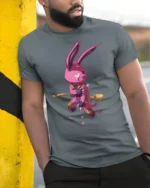 Gutsy Patchwork Rabbit Warrior Graphic Cotton Tshirt - model wearing grey tee, leaning on column
