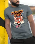 Sarcastic Zero Fox Given Funny Cartoon Animal Graphic Tshirt - model wearing grey tee, leaning on column