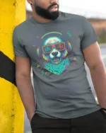 Funky Retro Panda DJ Headphones Music Beat Graphic Tshirt - model wearing grey tee, leaning on column