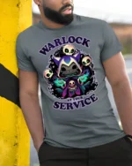 Mystic Shadow Cat Warlock Skulls Magic Graphic Soft Tshirt - model wearing grey tee, leaning on column