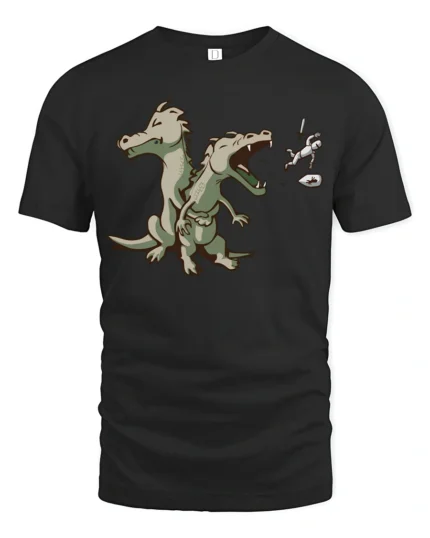 Funny Two Headed Dragon Roaring Knight Graphic Tshirt - black t-shirt on white background