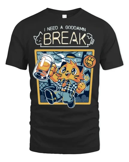 Funny I Need A Break Cat Drinking Beer Graphic Tshirt - black t-shirt on white background