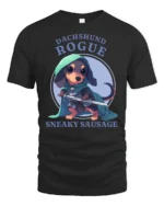 Cute Dachshund Rogue Sneaky Sausage Fantasy RPG Tshirt - black t-shirt on white background