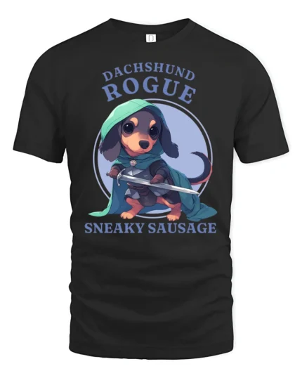 Cute Dachshund Rogue Sneaky Sausage Fantasy RPG Tshirt - black t-shirt on white background
