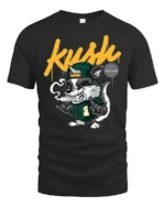 Dope Kush Ville Stoner Raccoon Smoking Blunt Graphic Tshirt - black t-shirt on white background