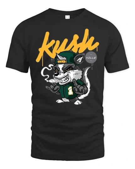 Dope Kush Ville Stoner Raccoon Smoking Blunt Graphic Tshirt - black t-shirt on white background