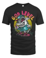 Rad God Level Surfing Shark Retro Sunset Graphic Tshirt - black t-shirt on white background