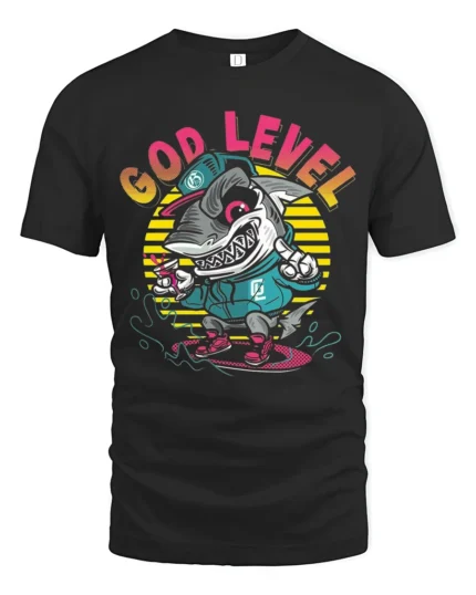 Rad God Level Surfing Shark Retro Sunset Graphic Tshirt - black t-shirt on white background
