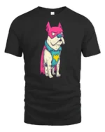 Funny Frenchie Superhero Pink Mask Graphic Comic Tshirt - black t-shirt on white background