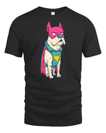 Funny Frenchie Superhero Pink Mask Graphic Comic Tshirt - black t-shirt on white background