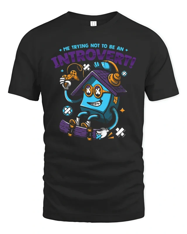 Funny Introvert House Gaming Skateboard Graphic Tshirt - black t-shirt on white background