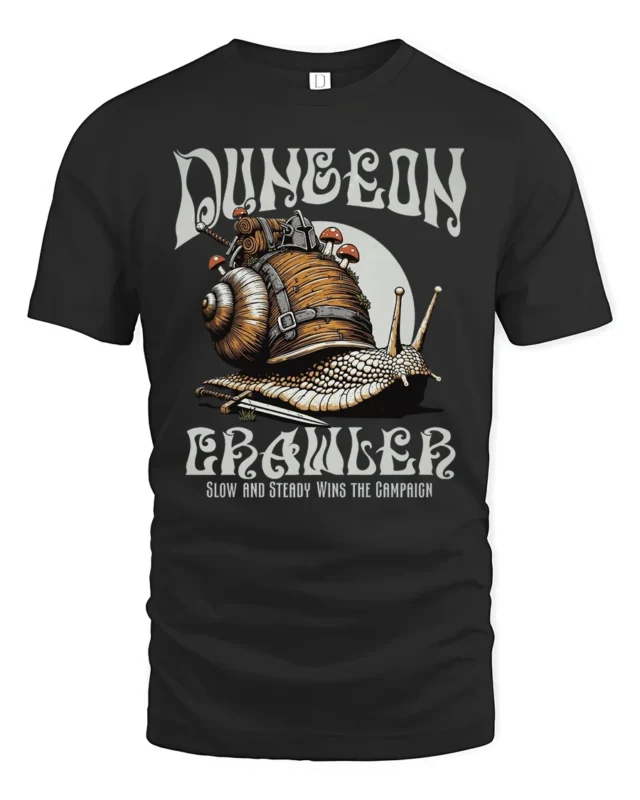 Funny Snail Dungeon Crawler Slow Campaign Graphic Tshirt - black t-shirt on white background