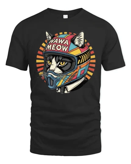 Retro Wawa Meow Biker Cat Motorcycle Graphic Tshirt - black t-shirt on white background