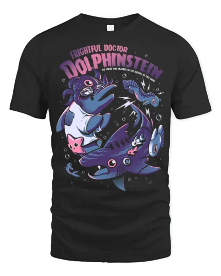 Frightful Doctor Dolphinstein Mad Scientist Graphic Tshirt - black t-shirt on white background