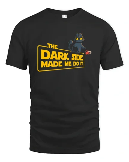 Funny Dark Side Black Cat Spilling Coffee Graphic Tshirt - black t-shirt on white background