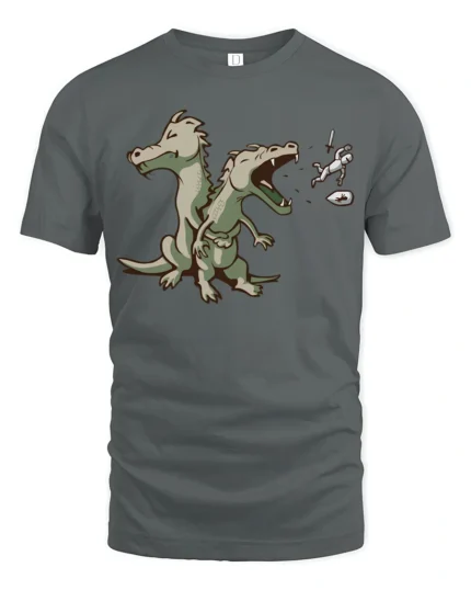 Funny Two Headed Dragon Roaring Knight Graphic Tshirt - gray t-shirt on white background