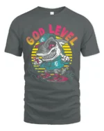 Rad God Level Surfing Shark Retro Sunset Graphic Tshirt - gray t-shirt on white background