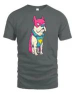 Funny Frenchie Superhero Pink Mask Graphic Comic Tshirt - gray t-shirt on white background