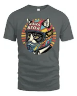 Retro Wawa Meow Biker Cat Motorcycle Graphic Tshirt - gray t-shirt on white background