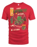 Retro Comic Book Cathulhu Monster Cat Graphic Tshirt - red t-shirt on white background