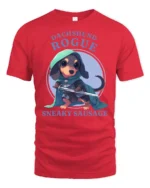 Cute Dachshund Rogue Sneaky Sausage Fantasy RPG Tshirt - red t-shirt on white background