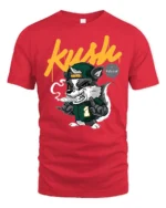 Dope Kush Ville Stoner Raccoon Smoking Blunt Graphic Tshirt - red t-shirt on white background